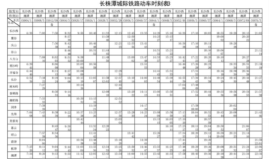 长株潭城际最新时刻表：长株潭城际列车时刻表更新